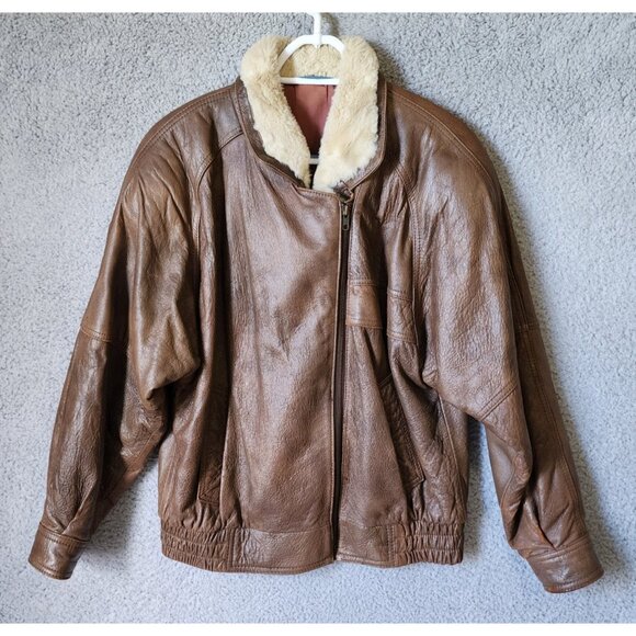 Vtg 100% Leather Aviator Bomber Jacket Faux Fur Double Collar Made in Korea PM - Picture 2 of 16